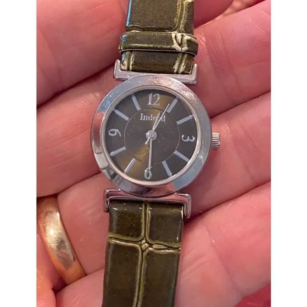Women's Silver Tone Indeed Watch, Black Face and Green Band
